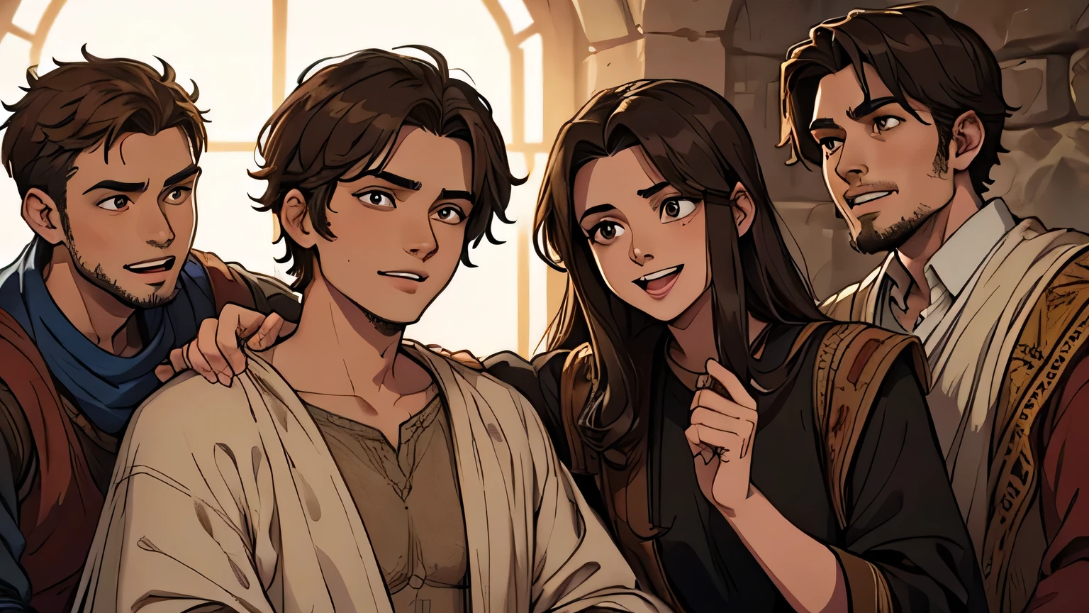 Prophet Joel, young man with short dark brown hair and ancient poor man's clothes from the 1st century BC, detailed dark brown eyes, light brown, 25 years old laughing with friends