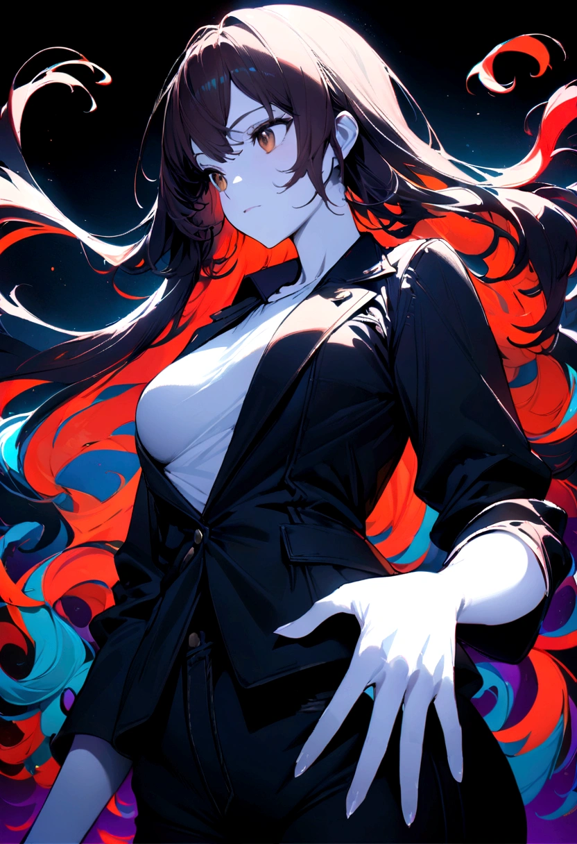 (masterpiece), (best quality), super fine illustrations, high detail, high contrast, long hair, medium breasts size, redhead, brown eyes, looking at another, (pale skin), black jacket, white shirt, jeans, make hands close, ((only five fingers), colorful color,