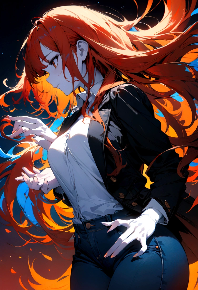 (masterpiece), (best quality), super fine illustrations, high detail, high contrast, long hair, medium breasts size, redhead, brown eyes, looking at another, (pale skin), black jacket, white shirt, jeans, make hands close, ((only five fingers), colorful color,