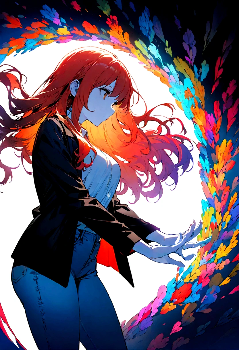 (masterpiece), (best quality), super fine illustrations, high detail, high contrast, long hair, medium breasts size, redhead, brown eyes, looking at another, (pale skin), black jacket, white shirt, jeans, make hands close, ((only five fingers), colorful color,