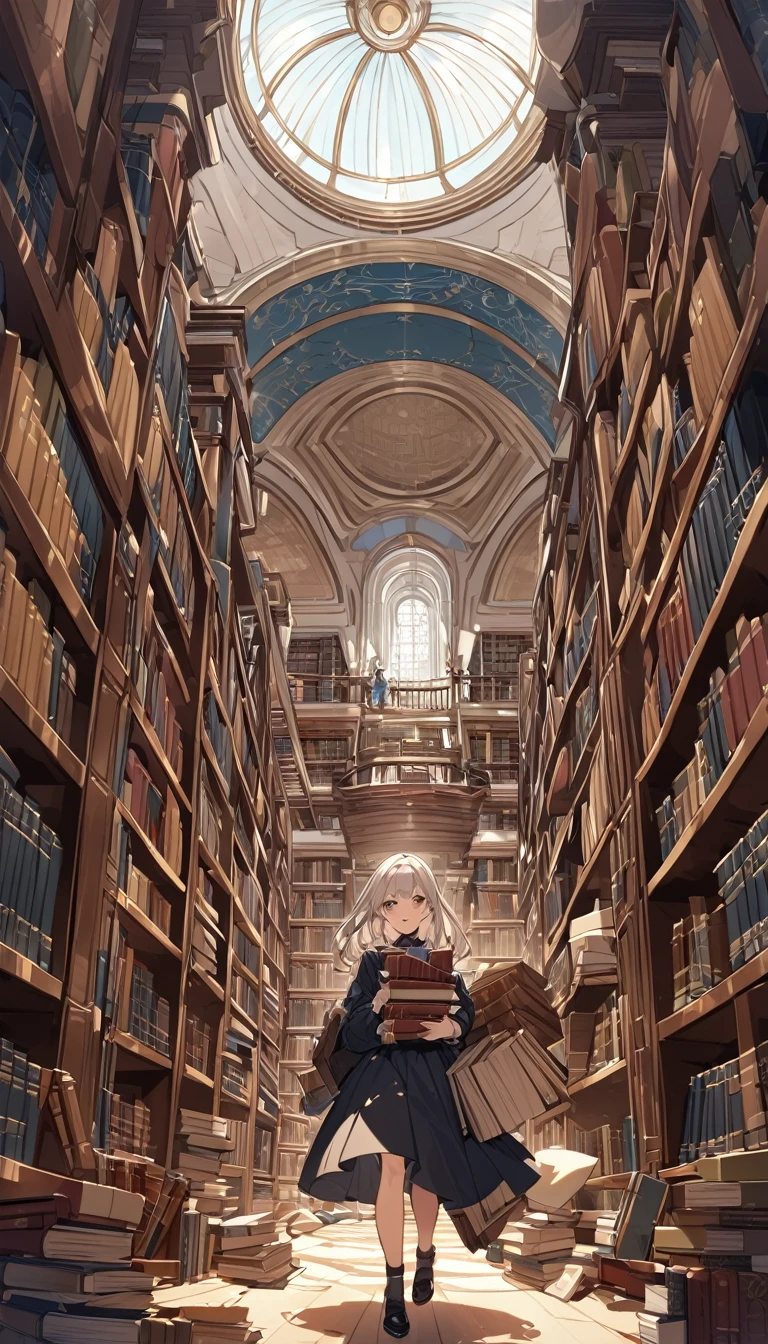 large library, huge shelves, dome, books and scrolls on the floor, a certain disorder, a girl carries a very heavy load of books between its aisles
