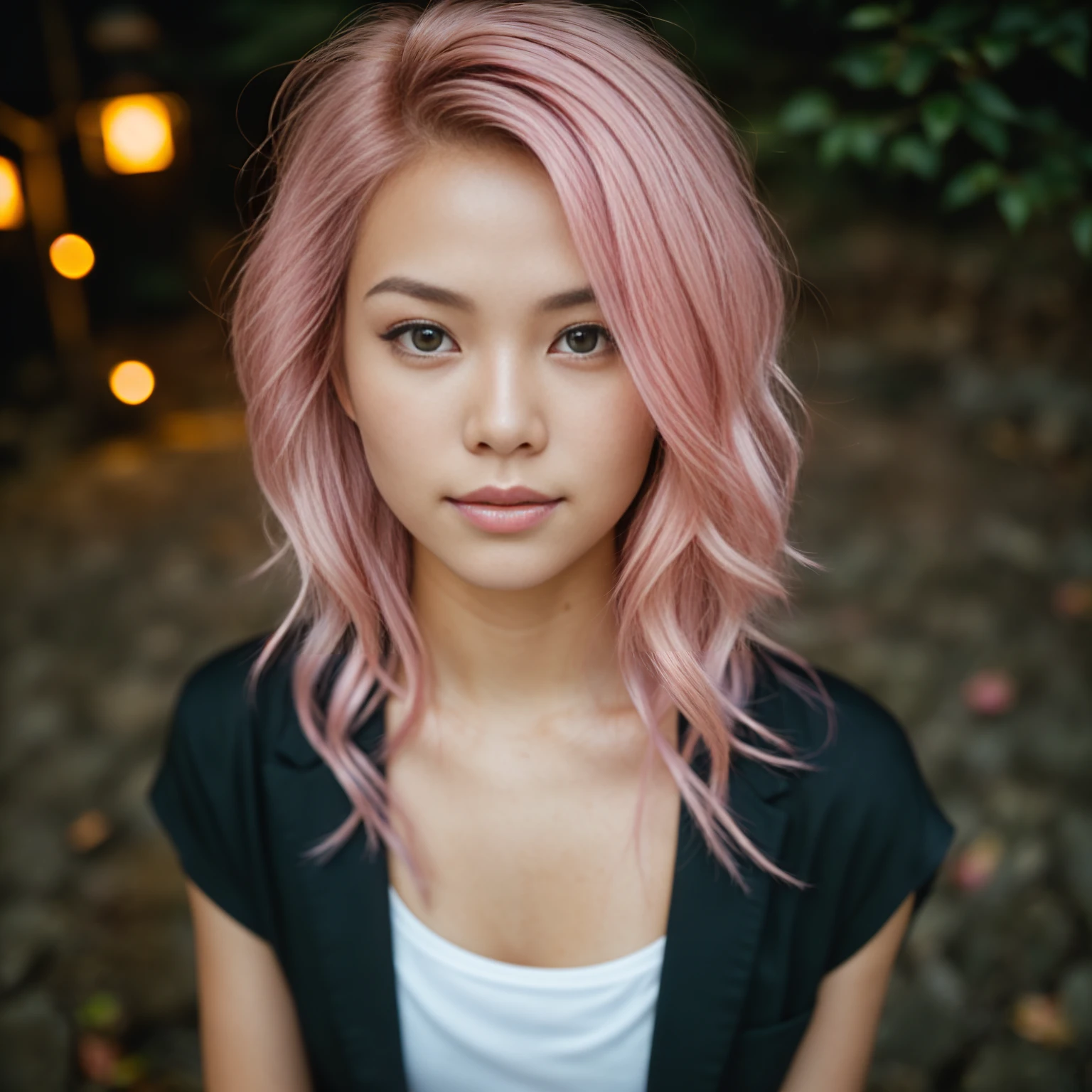 arafed woman with pink hair sitting in the forrest, flowing pink hair, with pink hair, photo of a beautiful woman, long flowing pink hair, pink golden hour, curly pink hair, beautiful young asian woman, beautiful asian woman, wild ginger hair, pink wispy hair, light pink hair, a young asian woman, an asian woman, infp young woman, (taking selfies, overhead view: 1.4), (straight half of the torso: 1.4), Portrait photo of a 24-year-old french girl in RAW UHD format (Black-eyed woman) Walk down the dark alley, night city, Details (textures! , Hair! , glistering, Color!! , imperfections: 1.1), highly detailed glossy eyes (looking at the camera), DSLR Lighting, SLR camera, Ultra-Quality, sharpness, Depth of field, Film grain (Downtown), Fujifilm XT3, Crystal clear, Frame Center, beatiful face, sharp-focus, street lamp, neon lighting, bokeh (dimly lit), night time, (night sky), detailed skin pores, oilly skin, suntan, Complex eye details