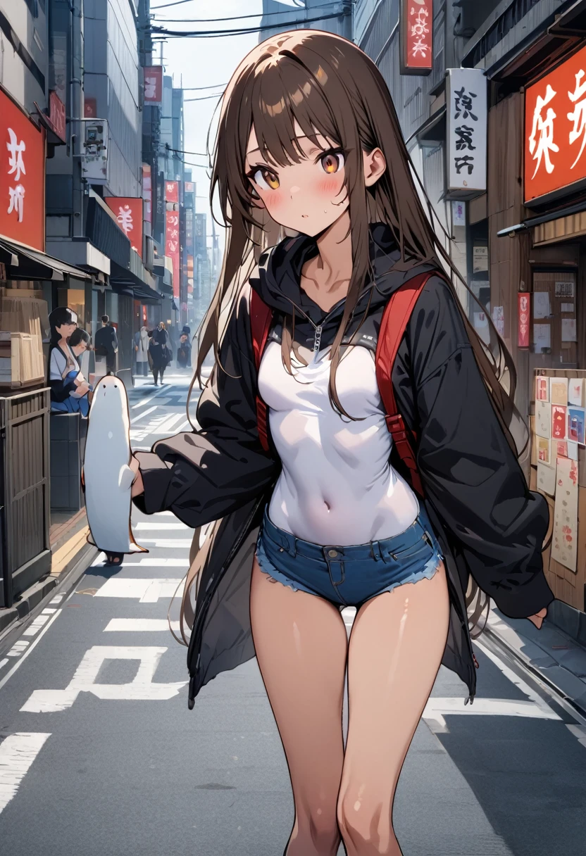 ((masterpiece,Highest quality;1.3,best illustration)),cowboy shot,1woman、25 year old beauty、独奏,((very small head:1.5)),dark brown hair,long hair,bangs,brown eyes,gorgeous eyes,blush,small breasts,((very long body:1.3)),((toned body,slender body,skinny)),gleaming skin,shiny skin,oily skin,(Black zip-up hoodie outer jacket、White tight T-shirt、denim micro shorts)、Carrying a black backpack、on street,Tokyo,