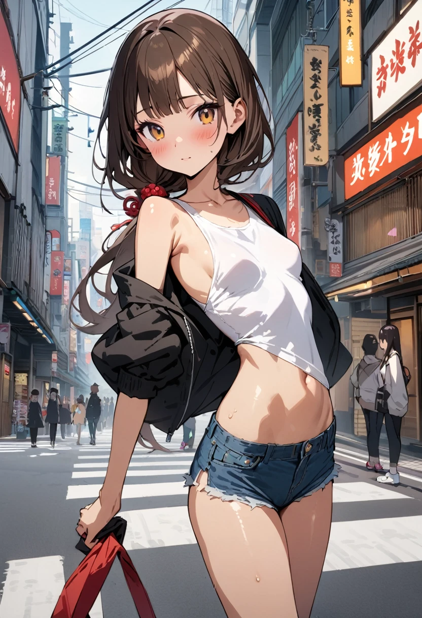 ((masterpiece,Highest quality;1.3,best illustration)),cowboy shot,1woman、25 year old beauty、独奏,((very small head:1.5)),dark brown hair,long hair,bangs,brown eyes,gorgeous eyes,blush,small breasts,((very long body:1.3)),((toned body,slender body,skinny)),gleaming skin,shiny skin,oily skin,(Black zip-up hoodie outer jacket、White tight T-shirt、denim micro shorts)、Carrying a black backpack、on street,Tokyo,