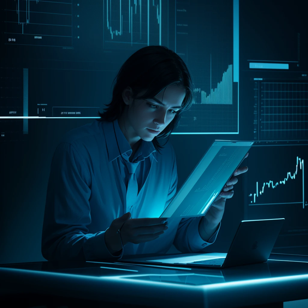 A professional-style image representing the theme of trading. In the center of the image, a candlestick chart showing upward and downward trends, with trend lines and technical indicators. The background is a soft blue, with subtle elements reminiscent of technology and finance, such as numbers and charts in transparency. At the top, the text 'Trading is my Passion' in an elegant and modern font, centered and prominently displayed. Include additional details like a stylized figure of a trader holding a laptop or tablet, looking at the chart with an expression of focus and determination. The image should convey professionalism, passion, and expertise in trading