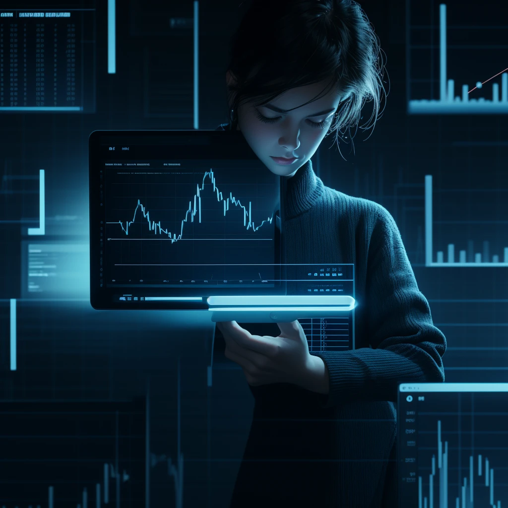 A professional-style image representing the theme of trading. In the center of the image, a candlestick chart showing upward and downward trends, with trend lines and technical indicators. The background is a soft blue, with subtle elements reminiscent of technology and finance, such as numbers and charts in transparency. At the top, the text 'Trading is my Passion' in an elegant and modern font, centered and prominently displayed. Include additional details like a stylized figure of a trader holding a laptop or tablet, looking at the chart with an expression of focus and determination. The image should convey professionalism, passion, and expertise in trading