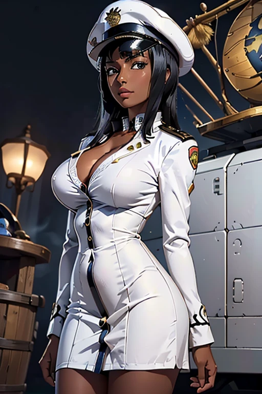 (masterpiece), best quality, expressive eyes, perfect face, front lighting, (outside at sea onboard a Marine Battleship background), (posing), (seductive look), (cleavage view), (1girl, Nico Robin, milf, latina, dark skin, short black hair with bangs, straight flat hairstyle, brown eyes, hourglass figure, thick body, curvy body, large breasts, huge breasts, oppai, large cleavage, wide hips, thick thighs), (white button suit jacket dress, long sleeve, exposed breasts, white skirt, shoulder pads with tassles, marine badges, marine ribbons and medals pinned on clothes, marine captain hat),