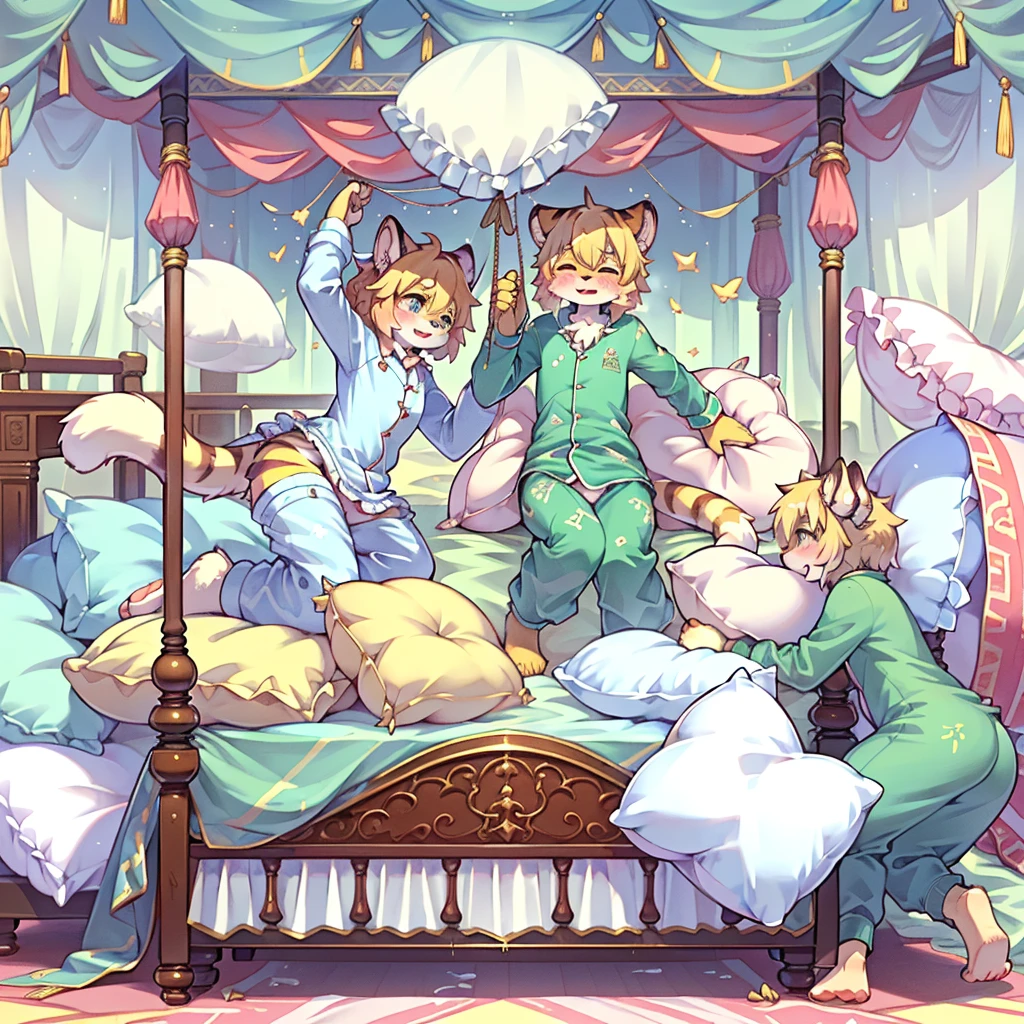 （masterpiece，best quality），my own, The Beast, , (适合任何Pillow背景的光影））, 穿着pajamas可爱女孩在Pillow上摆姿势 ，pajamas，,（很多Pillow），Soft cushion，，，（Pillow损坏），很多Pillow，（Crotch rubbing），（（Pillow驼峰）），（Pillow），（A tail），，（充满细节的Pillow），（Love around the protagonist），Steam，，（Pillow），（palace），（Palace bedroom），（Pillow），柔软的Pillow，，（Classical European style bedroom ），（excited，shy person，Lack of expressiveness，），，pillow humping,my,tiger tail,tiger ears,Tiger pattern，，Sweat，，Sweaty，(Body swing，身体Shaking lines，Shaking lines)，best quality, masterpiece, ((Maximum resolution)), artwork, ，,,(Interior of the palace),,(Deluxe Rococo Canopy King Bed),On a big and spacious bed,(the 女孩 is lying on the bed),,,,Luxurious curtains with ornate ruffles and ribbons surround the bed,((((There are many pillows piled on the bed)))),Detail of Quilt,Detailed bed sheets,Ruffled Bed Skirt,Deep Bed,Background with depth,((详细的Pillow)), ((((大量的Pillow))))，peeing，squatting，water,Urine,Shaking lines，wetting pillows,Flowing liquid，Violent body shaking，剧烈Shaking lines，详细的软Pillow,,((女孩正躺在许多柔软的Pillow上,周围有许多Pillow))，Splashed liquid，Pillow和床上有水迹，Lots of urine,Lots of liquids，Urine everywhere,大量Sweaty，快乐的女孩们穿着pajamas和Pillow打架 。Many small feathers fluttering、Long sleeve, 带褶边和缎带的长裙pajamas、In a huge, Large canopy bed、Soft pink sheets and quilt、色彩鲜艳的柔软Pillow、很多带褶边的Pillow和带褶边的床裙、Soft toned bed、Ruffled curtains around the bed.。Delicate face。Background with depth,