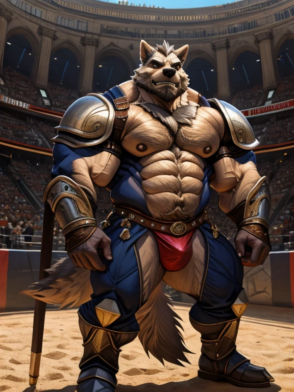 burly virile hairy human, with two wolf ears and a bushy tail, in a suit of armor, middle-aged, hirsute, overmuscular and musclebound, bulging veiny muscles, a warrior's build, a bodybuilder's physique, long bushy and a thick mustache, a square jaw, handsome and dreamy, grey hair, a gladiator in the arena