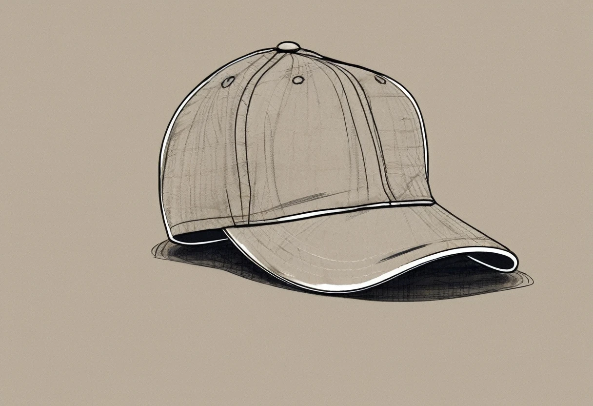 a drawing of a baseball cap, with a piece of fabric attached, product design, simple, sketch