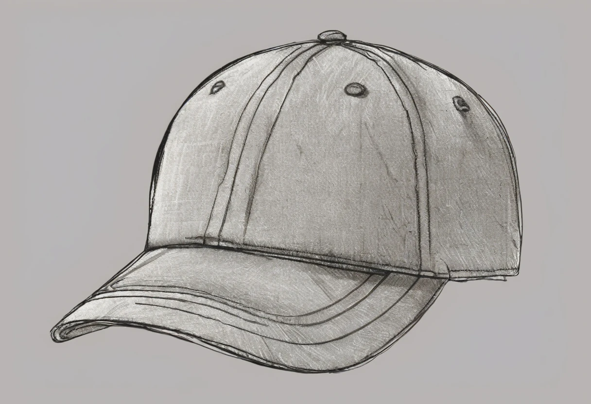 a drawing of a baseball cap, with a piece of fabric attached, product design, simple, sketch