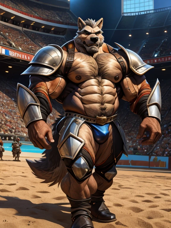 burly virile hairy human, with two wolf ears and a bushy tail, in a suit of armor, middle-aged, hirsute, overmuscular and musclebound, bulging veiny muscles, a warrior's build, a bodybuilder's physique, long bushy and a thick mustache, a square jaw, handsome and dreamy, grey hair, a gladiator in the arena