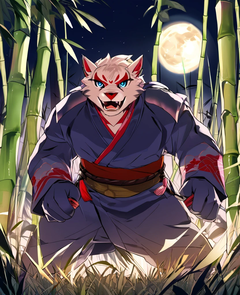 Top quality ultra-fine illustrations, movie posters, Zatoichi, Blind Swordsman(bamboo forest, dark night with beautiful full moon, rays of light through bamboo, backlighting, Tyndall phenomenon)(beautiful face and eyes, down to the details)Absurd perfect anatomy((Beastman, fighting, battle))(furry, pairs, boy with girls on his back, Japan kimono, ninja, sword with blue flames, battle duels, concentration lines)(Furry Antro)((((Furry body, animal facial features, animal body features)))) (((((Highly detailed fur of the animal)))))full body, sturdy look, shouting, combat regime (dynamic pose),
