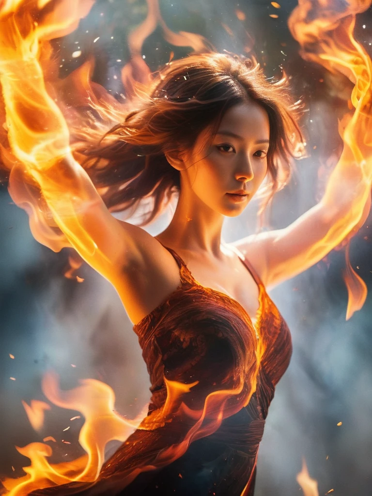 (fire element:1.1),It consists of fire element,(1 huge breasts:1.2),fire,transparency,burning,(molten rock),llama skin,Frame print,burning hair,smoke,cloud,chopped,,girl engulfed in flames, Flames fly and sparks scatter,mano burning,translucent luminescence,