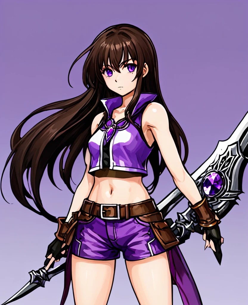 Make me a final fantasy oc. She has long dark brown hair with bangs. Her left eye is brown and her right eye is purple. She wears a purple, white and black outfit with shorts. Her weapon id a giant scythe with a purple crystal stuck into the part where the handle and the blade meet. Stoic and blank expression. In Final Fantasy VI art style. Mature body.
