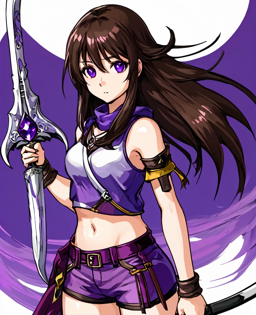 Make me a final fantasy oc. She has long dark brown hair with bangs. Her left eye is brown and her right eye is purple. She wears a purple, white and black outfit with shorts. Her weapon id a giant scythe with a purple crystal stuck into the part where the handle and the blade meet. Stoic and blank expression. In Final Fantasy VI art style. Mature body.