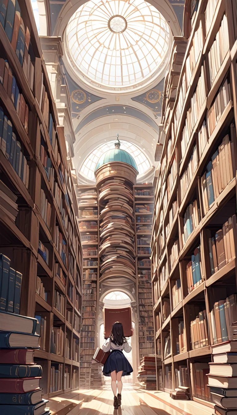 large library, huge shelves, dome, books and scrolls on the floor, a certain disorder, a girl carries a very heavy load of books between its aisles