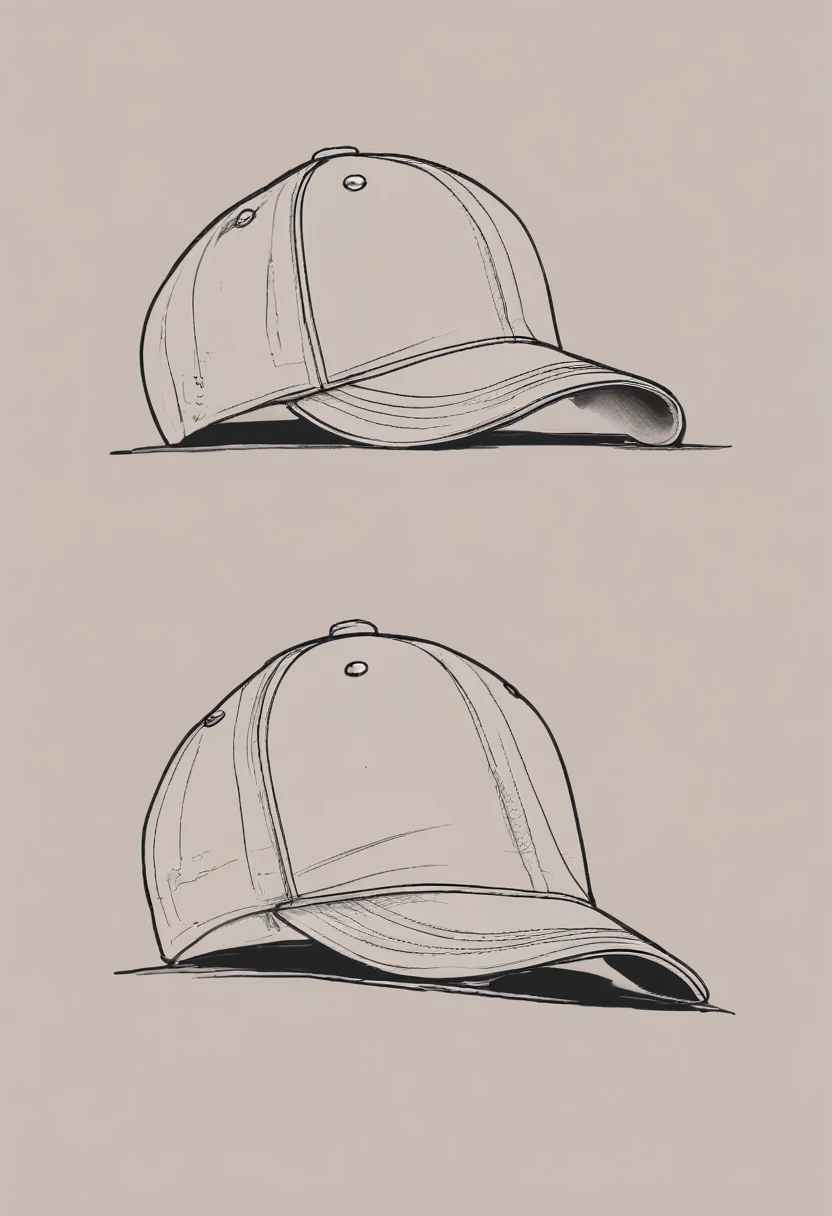 a drawing of a baseball cap, packaged, product design, simple, sketch