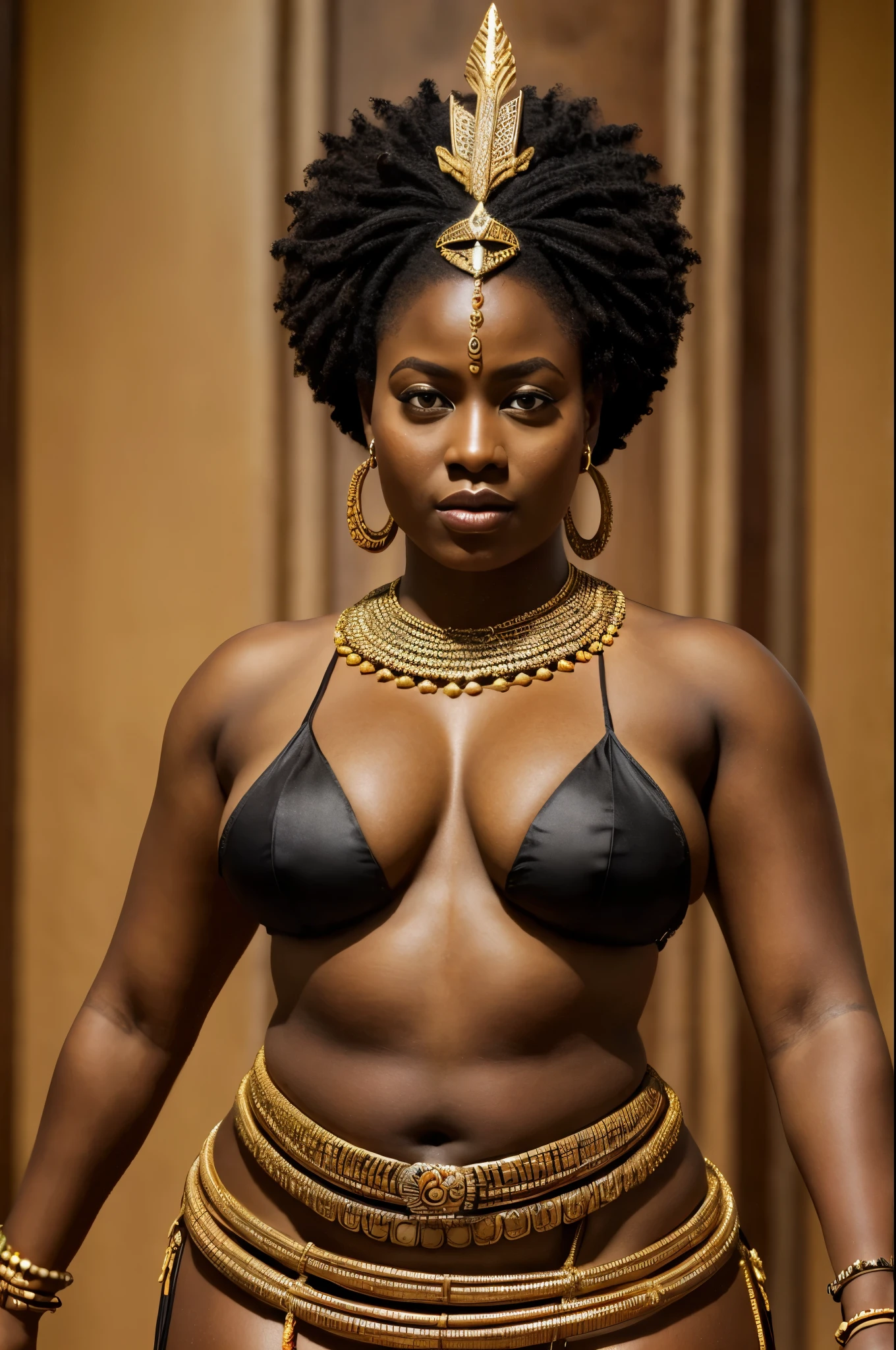 a highly detailed, realistic representation of Queen Nzinga, thick figure, attractive, gorgeous, beautiful, queen, African warrior attire, adorned with tribal jewelry and a striking expression.