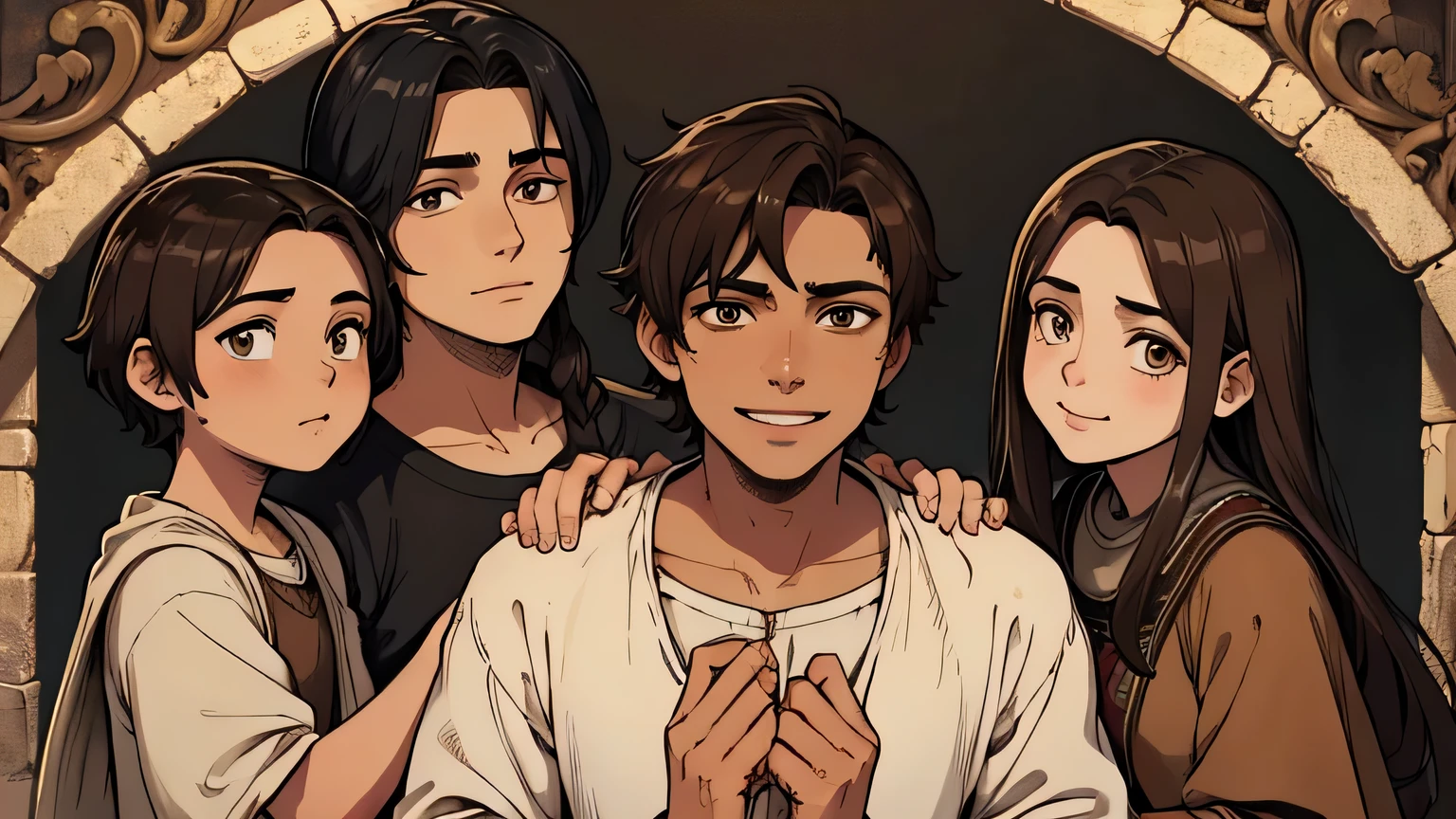 Prophet Joel, young man with short dark brown hair and ancient poor clothes from the 1st century BC, detailed dark brown eyes, light brown, 25 years old smiling at poor children