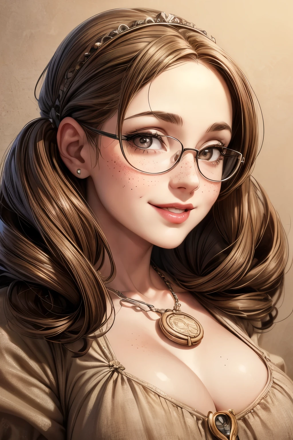 (masterpiece), best quality, expressive eyes, perfect face, Artwork, best quality, ultra-detailed, 1girl, long hair, 1930s vintage photography, monochrome dress, vintage color palette, curly hair, hand drawing art, dress with ruffles, smiling smile, freckles on face, cute smile, ((old photo effect)), large breasts, ((sepia effect)), breasts larger than head, ((portrait in a medallion)), ((locket)), ((pic in locket)), pov hands, ((portrait in round medallion)), photo of a woman in a locket, drawning concept design, signature at the bottom of the photo, Initials T.J in signature, face profile photography, round glasses, flashy neckline, face profile photography, lipstick in pic, shining eyes, ((milf)), ((mature face)), ((mature female)), twintails