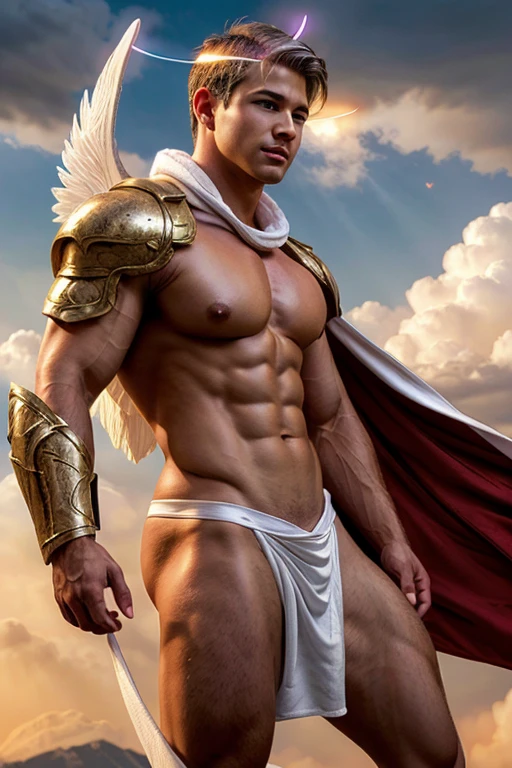 Photo of a man wearing cupid costume, (white hair), wings, flying, halo, (white toga robe), red scarf, armor, (surrounded by clouds), ethereal, (seductive smile:0.6), from side, realistic, masterpiece, intricate details, detailed background, depth of field