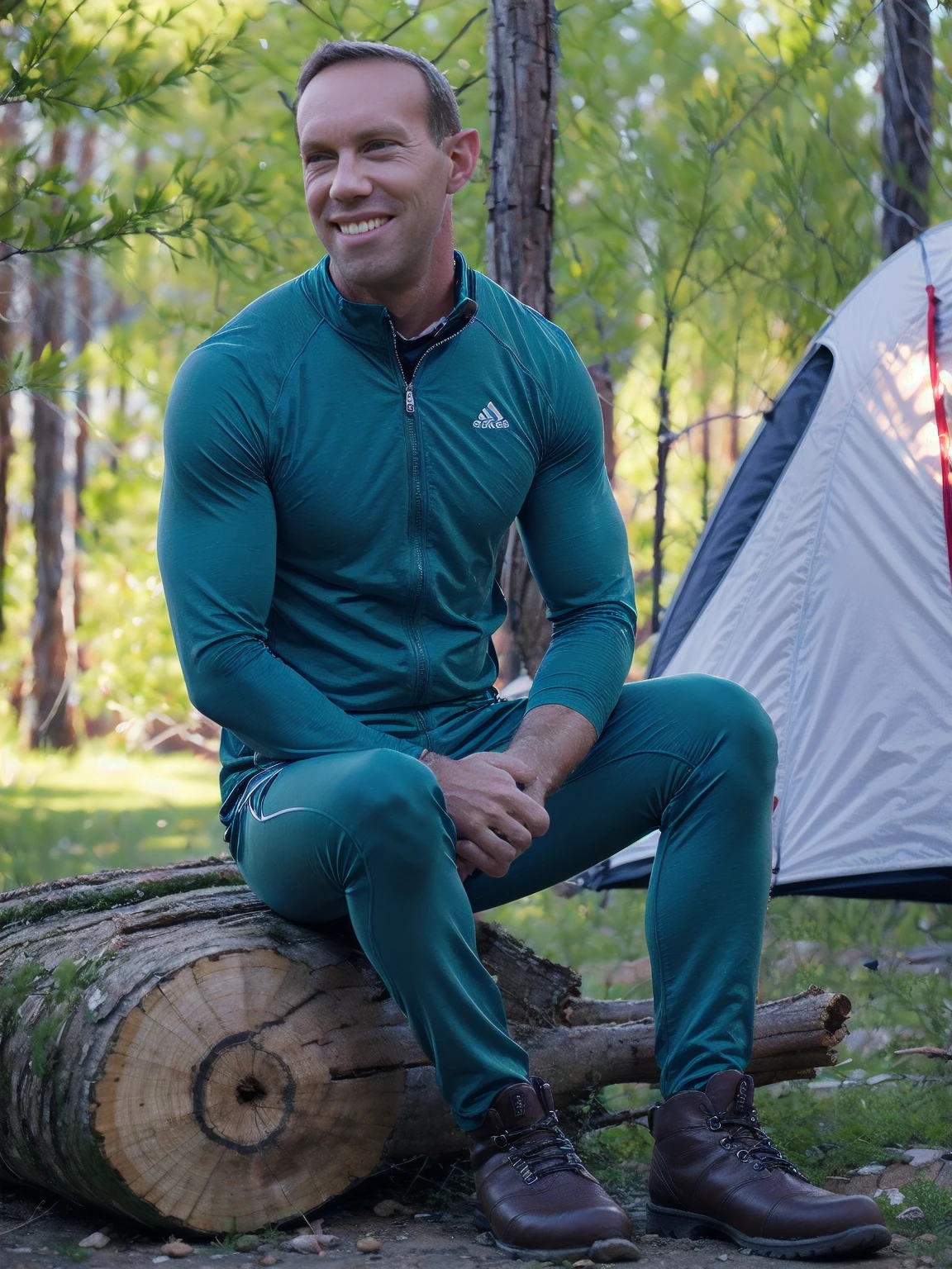 nighttime a man, Todder8, Todder1 short hair, perfect skin, RAW, UHD, 8K, looking to side, sitting on a log camping gear, vacation photography, night forest, stylish jacket green_pants hiking boots, photorealistic, dynamic lighting, dark lighting glow