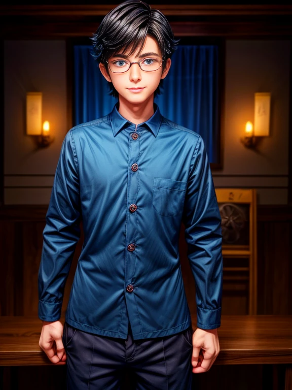 cute, nerdy boy, Bblack hair, 精致的面容, beautiful  face, timid grip and flushed cheeks, blue colored eyes, delicate mouth, apparently delicate body. He is wearing round glasses, nerdy clothes. supper, game dungeon