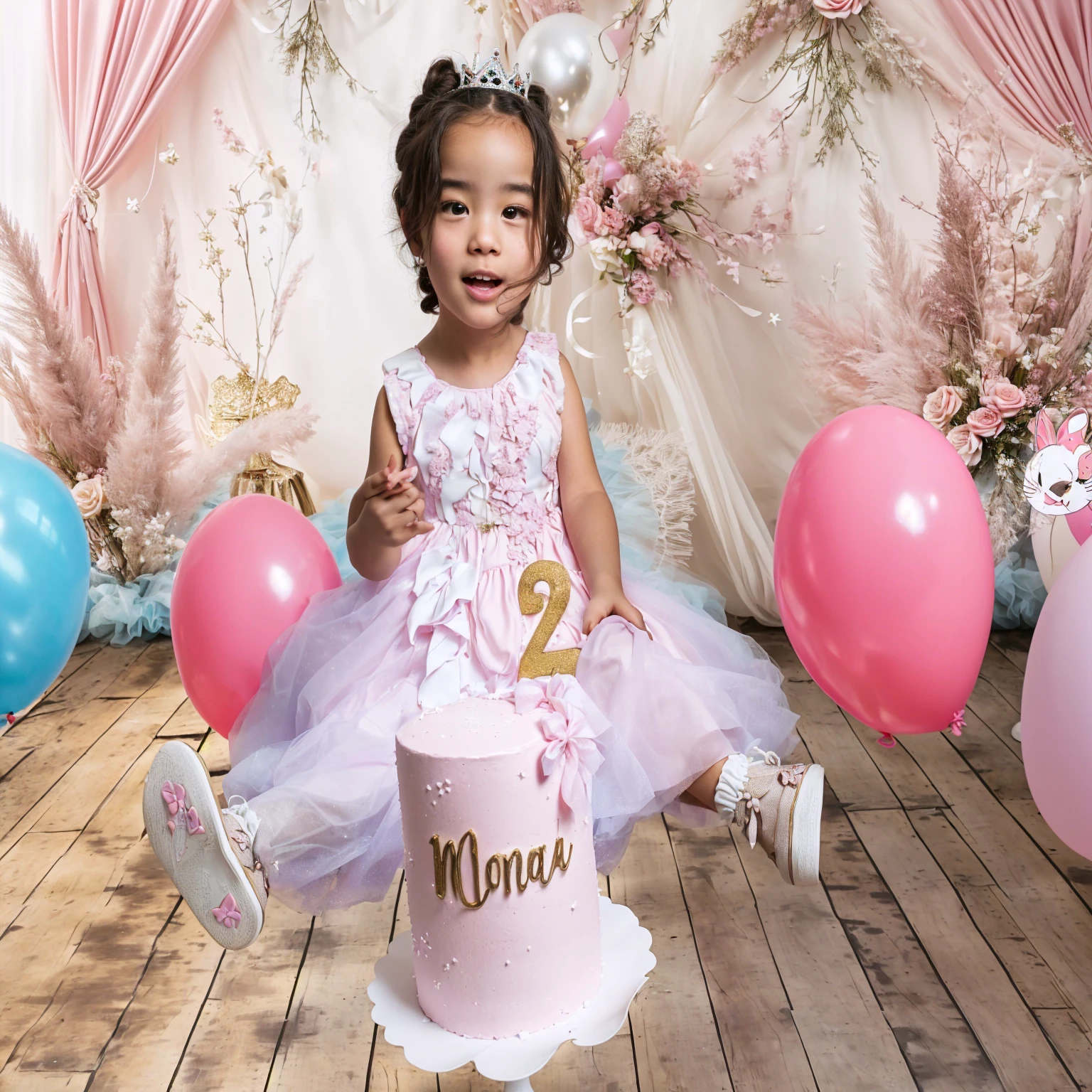 araffe girl in a pink dress sitting on a cake with balloons, 2 , complex background, 1614572159, portrait photo, Photography de modelaje, edited, Konica Minolta, cute and lovely, magical mood, birthday , happy birthday, birthday cake on the ground, added detail, Photography