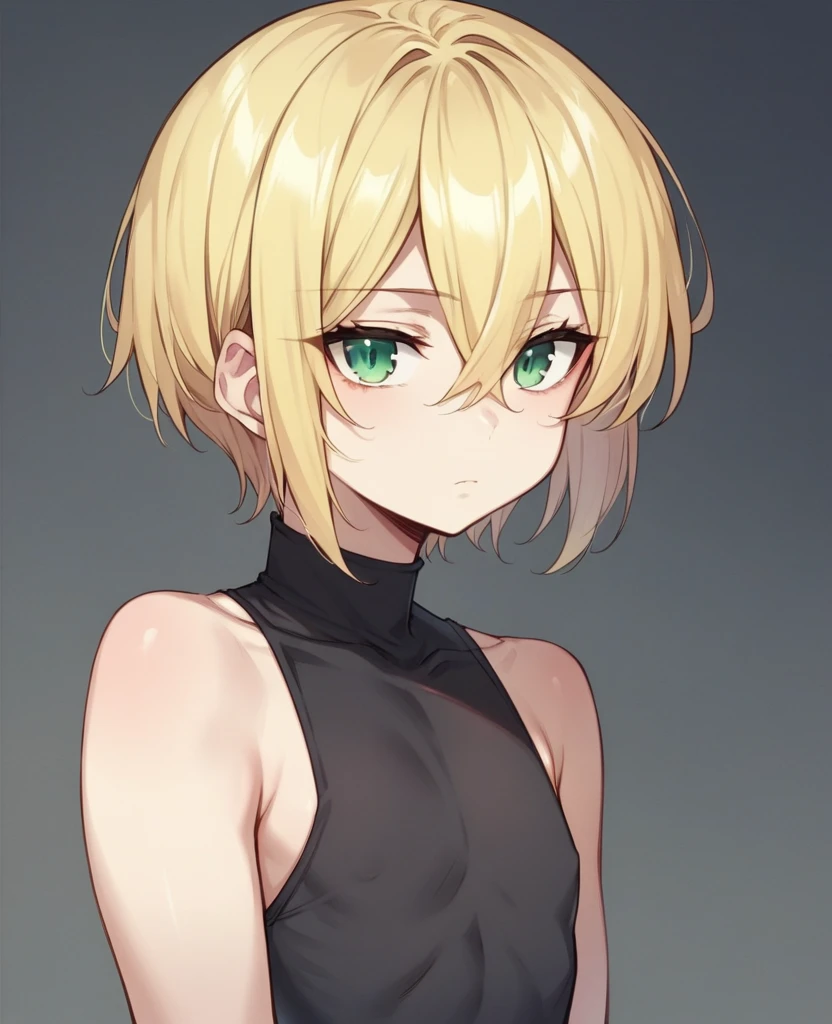 （One girl）、((short hair))、((Blonde))、（Sato Air)、((boyish))、cute、((flat chest))、(Wizard)、black stick pants、White sleeveless、black gloves、say、green eye、arm behind back、(coarse hair)、White Background、