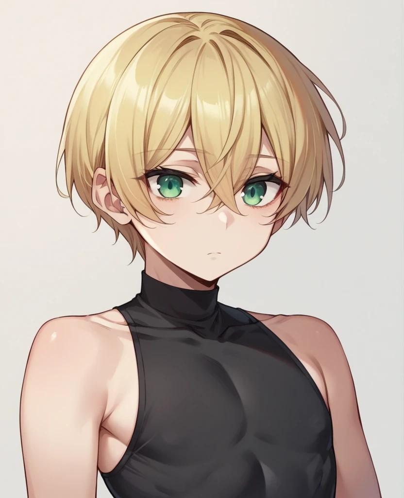 （One girl）、((short hair))、((Blonde))、（Sato Air）、((boyish))、Crossdresser、((flat chest))、green eyes、plump、Black sleeveless、((hairs between eyes))、expressionless