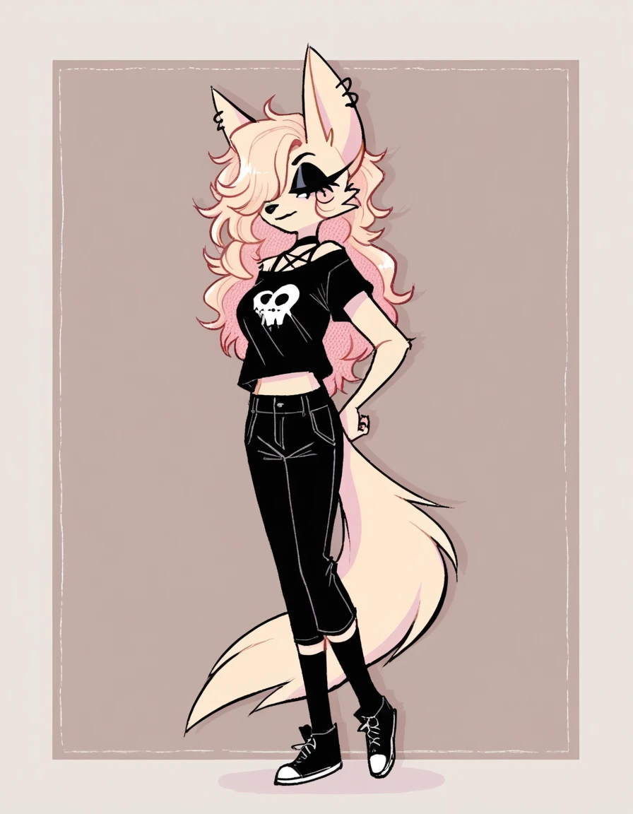 ,stkyswt, zPDXL, score_9, score_8_up, score_7_up, source_anime, BREAK sketch, flat color, 1girl, solo, black eyes, vivziepop, anthro, fennec fox, female Fennec fox, helluva boss, full body, lineart, emo, hair over one eye, long wavy hair, curvy figure, large breasts