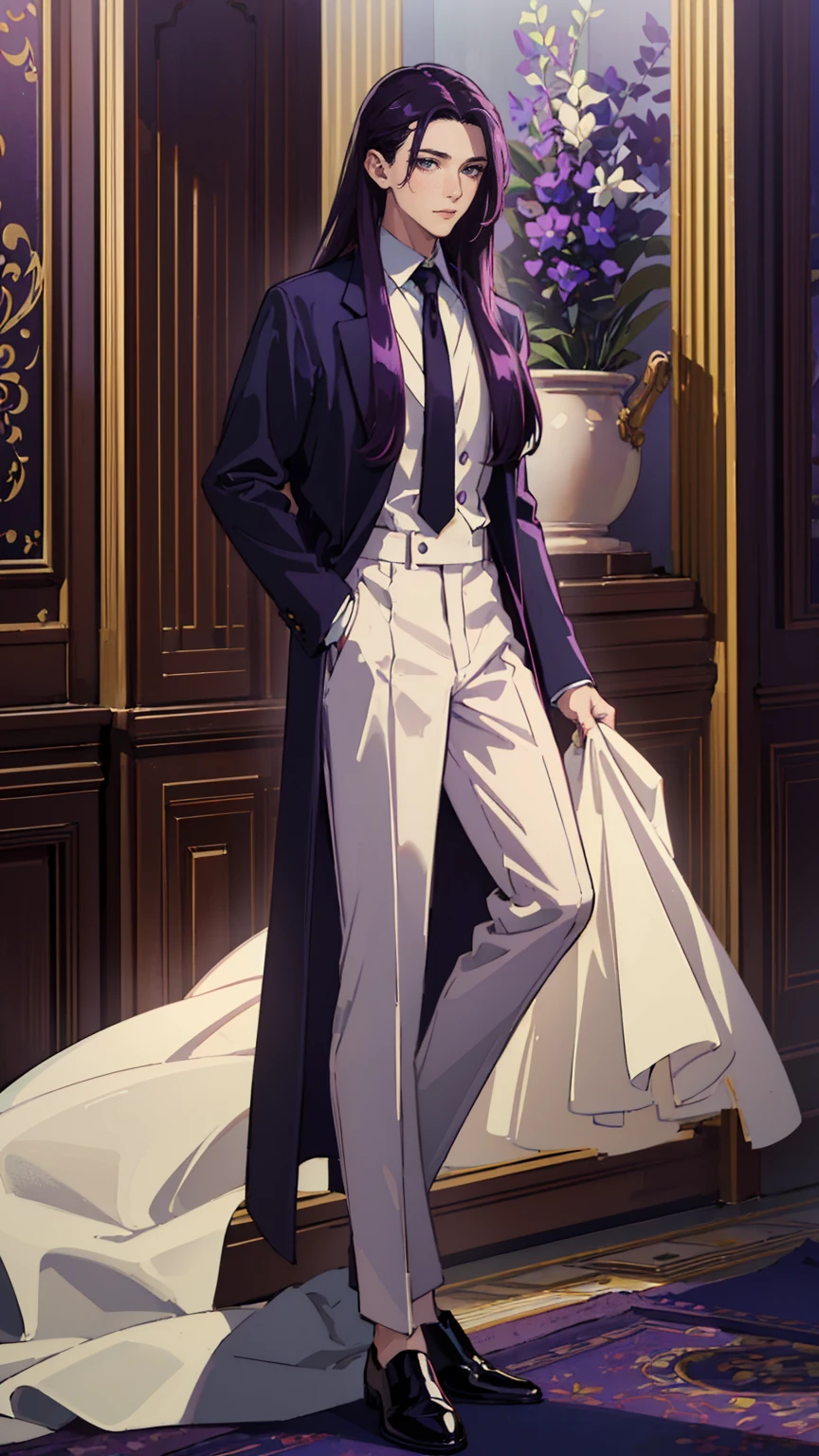 (masterpiece, Best quality, A high resolution, ultra detailed), (beautiful and aesthetically pleasing:1.2), detailed eyes and face, whole body, 1 man, adult, (dark purple long hair), (Dark purple eyes), Beautiful body, Perfect body, whole body, tuxedo, White shirt, trousers, shoes,  be best man at a wedding 