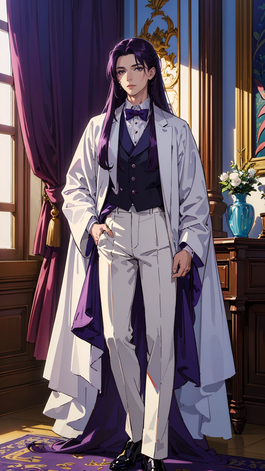 (masterpiece, Best quality, A high resolution, ultra detailed), (beautiful and aesthetically pleasing:1.2), detailed eyes and face, whole body, 1 man, adult, (dark purple long hair), (Dark purple eyes), Beautiful body, Perfect body, whole body, tuxedo, White shirt, trousers, shoes,  be best man at a wedding 