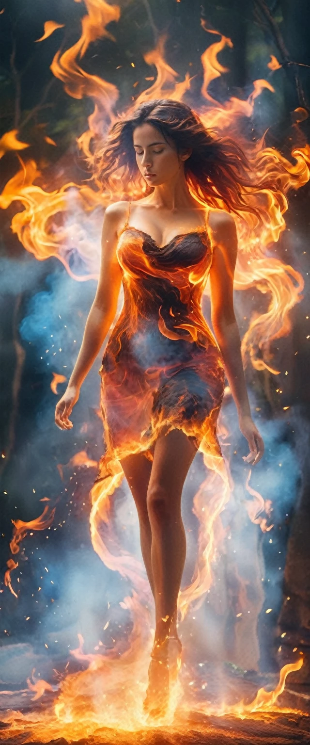 (fire element:1.1),It consists of fire element,(1 huge breasts:1.2),fire,transparency,burning,(molten rock),llama skin,Frame print,burning hair,smoke,cloud,chopped,,girl engulfed in flames, Flames fly and sparks scatter,mano burning,translucent luminescence,((( big hips, breast)))