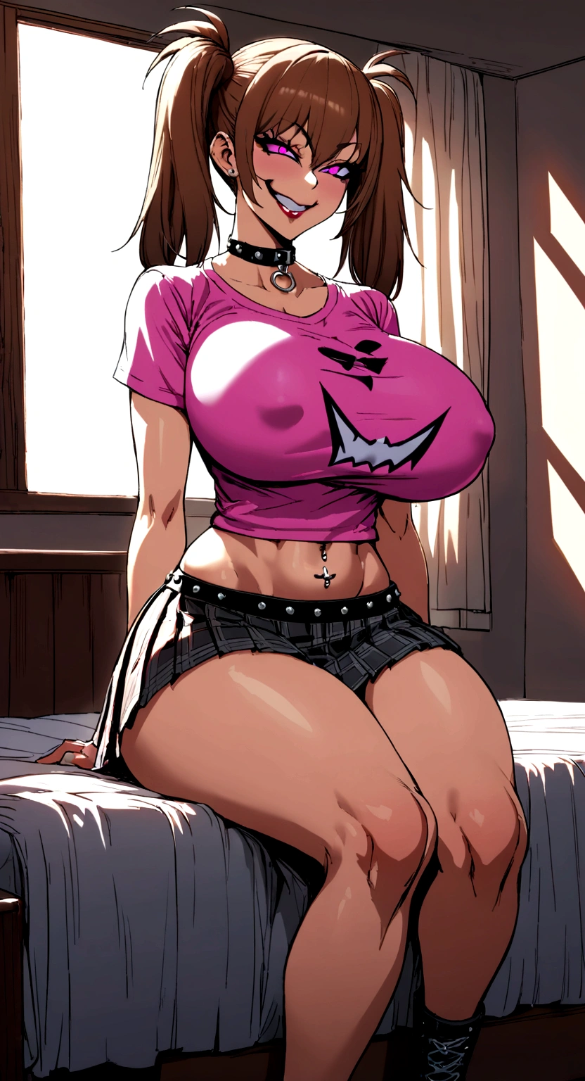 big lips, Brown hair, pink eyes, japanese face, improve, improve grin, two sides up, huge breasts, Wide hips, sexy, detailed, room, Hits, (evil smile1.4), kawaii, pleated skirt, punk, GOOD, Pink and black suit, plaid skirt, punk shirt, choker, punk skirt, punk shirt,navel piercing, sitting on the bed with legs open 