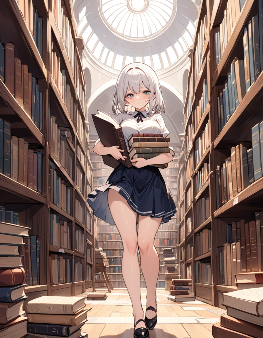 large library, huge shelves, dome, books and scrolls on the floor, a certain disorder, a sexy girl carries a very heavy load of books between its aisles