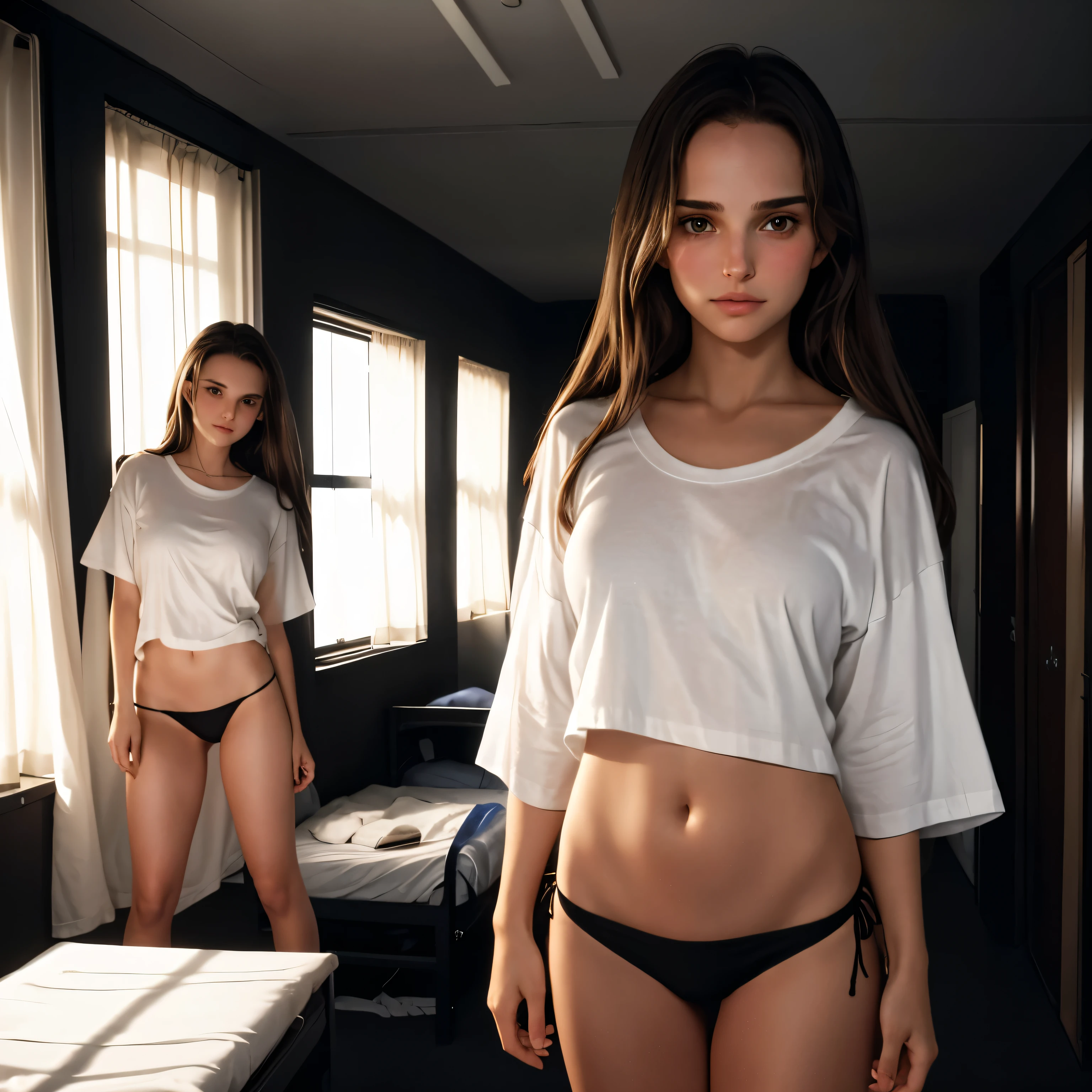 18 year old Natalie Portman, ((oversized white t-shirt and black string bikini)), ((standing in a ((dark)) dorm room)), ((face blushing)), embarrassed pose