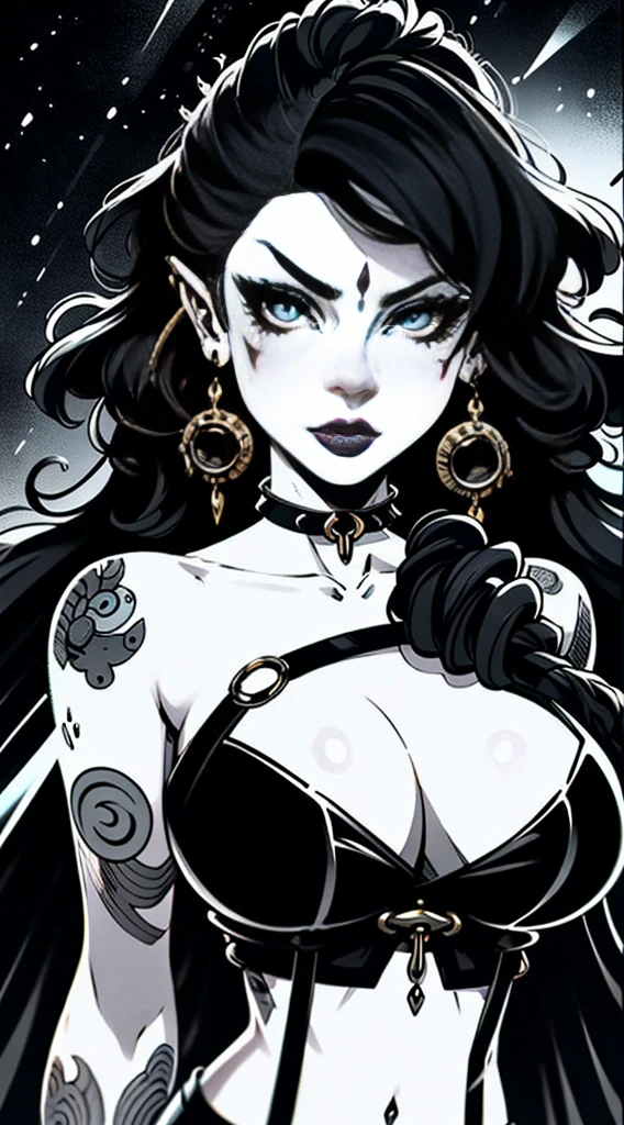 (masterpiece:1.2, best quality), (real picture, intricate details), (1lady, solo, curvy upper body, big ) The clothes are gold ar:avant-garde,avant-garde,Experiment with appearance:curlies,Dramatic makeup,Unconventional fashion choice behavior:rebelliousness、non-conformist、Provocation location:demon eyes,urban art district、Underground music venues Hobbies:Particiwpation in punk shows、creating mixed media art、Try different subcultural values:individuality、Realiy、Creative expression of inspiration:Punk rock music、Counterculture icons,Avant-garde art movement character traits:boldness、boldness、act outside the box。gothic dark vibe
