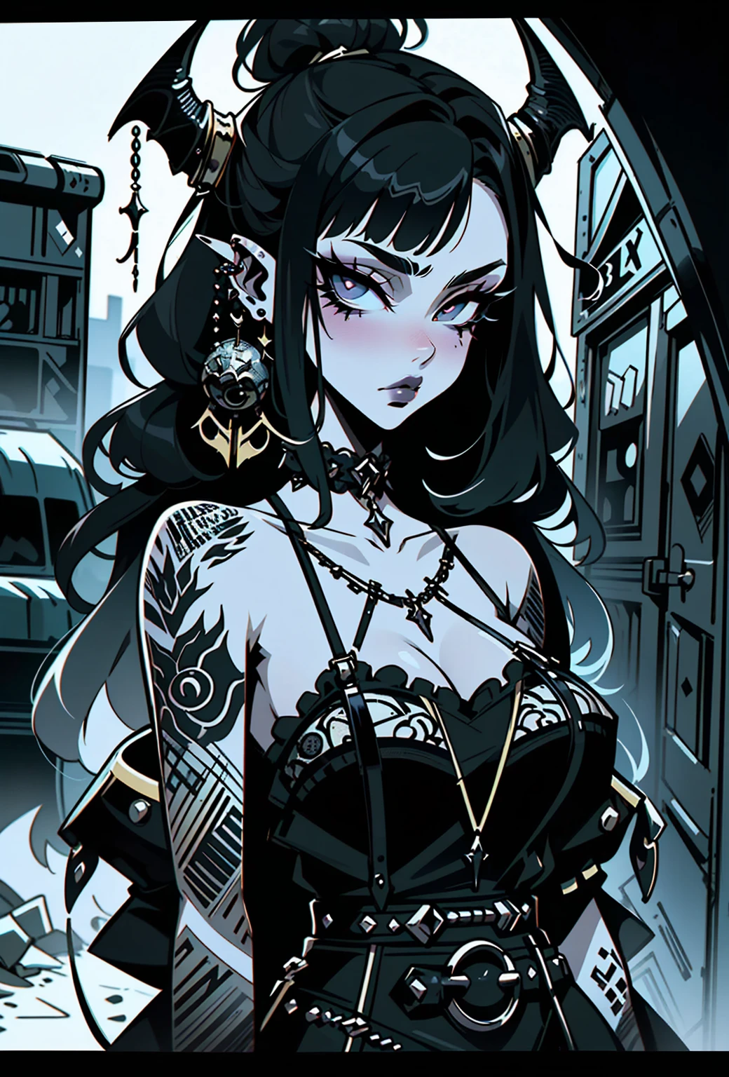 (masterpiece:1.2, best quality), (real picture, intricate details), (1lady, solo, curvy upper body, big ) The clothes are gold ar:avant-garde,avant-garde,Experiment with appearance:curlies,Dramatic makeup,Unconventional fashion choice behavior:rebelliousness、non-conformist、Provocation location:demon eyes,urban art district、Underground music venues Hobbies:Particiwpation in punk shows、creating mixed media art、Try different subcultural values:individuality、Realiy、Creative expression of inspiration:Punk rock music、Counterculture icons,Avant-garde art movement character traits:boldness、boldness、act outside the box。gothic dark vibe