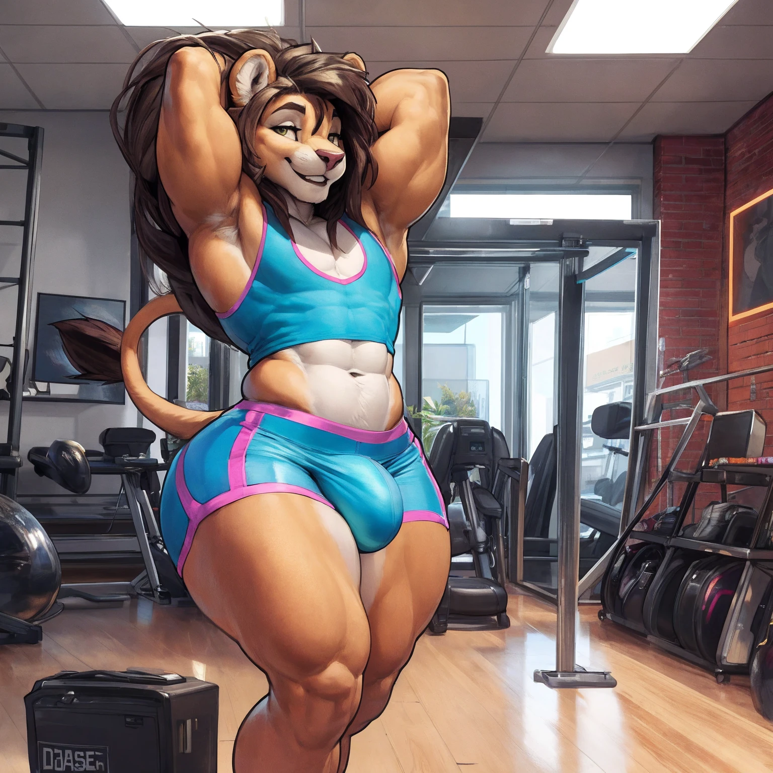 (by darkgem, by boosterpang, by duase, by BNG), solo focus, 1boy, male, lion boy, cute, girly, femboy, twink, short boy, looking at viewer, smiling, happy, large muscular body, (hyper hips:1.3), (huge bulge), bulgeJ8, long hair, detailed eyes, lust, masterpiece, best quality, lycra shorts, white tank top, pink sneakers, standing upright, photorealistic, hyperrealistic, ultradetailed, detailed background, photo background, digital drawing (artwork), girly, bedroom eyes, (aerobics class), indoors, looking at viewer, stretching, hands behind head, (tail),