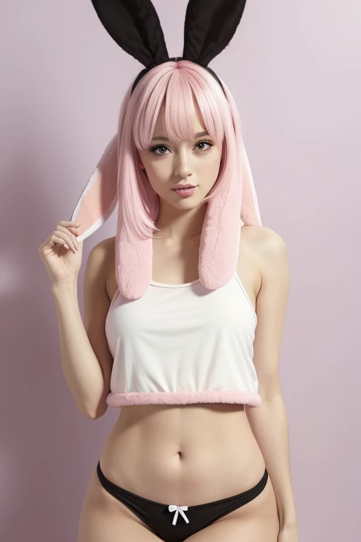 chica sexy ((rabbit ears)) ((pink fur)) with a short t-shirt ((white)) and panties ((color black))