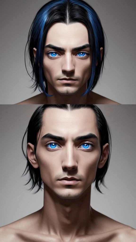 A thin man with dark circles under his eyes with black hair and blue eyes.