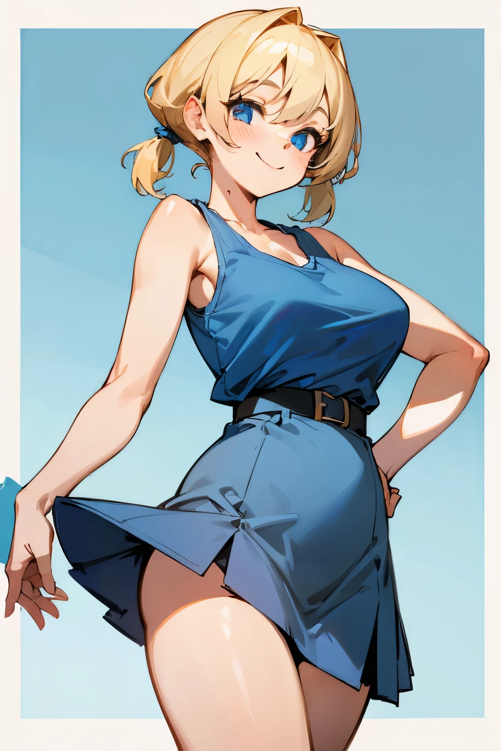 Cute girl, short blonde hair, pigtails, blue eyes, blue dress, blue tank top, wide black belt, short blue skirt, big breasts, smile