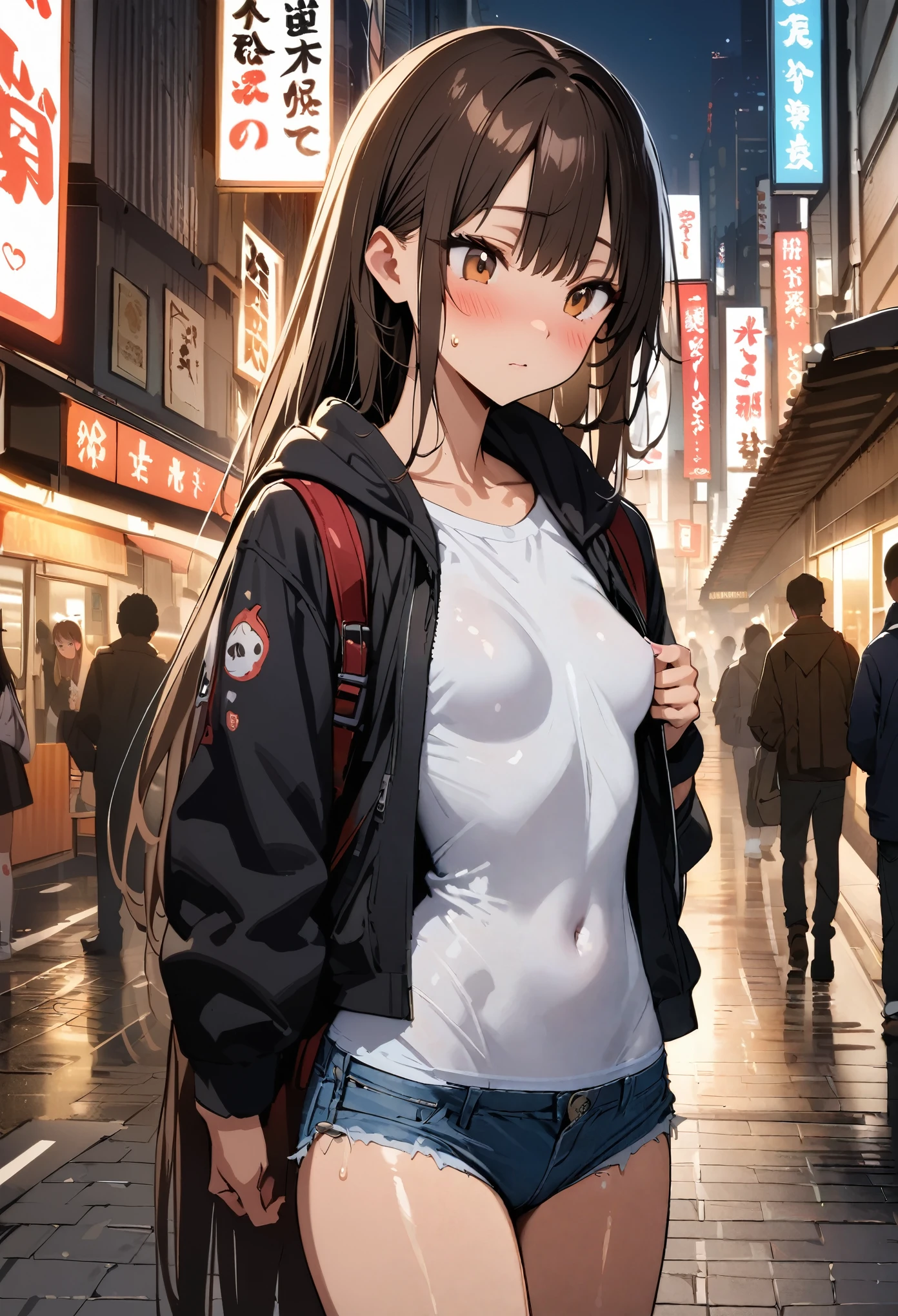 ((masterpiece,Highest quality;1.3,best illustration)),cowboy shot,1woman、25 year old beauty、独奏,((very small head:1.5)),dark brown hair,long hair,bangs,brown eyes,gorgeous eyes,blush,small breasts,((very long body:1.3)),((toned body,slender body,skinny)),gleaming skin,shiny skin,oily skin,(Black zip-up hoodie outer jacket、White tight T-shirt、denim micro shorts)、Carrying a black backpack、on street,Tokyo,