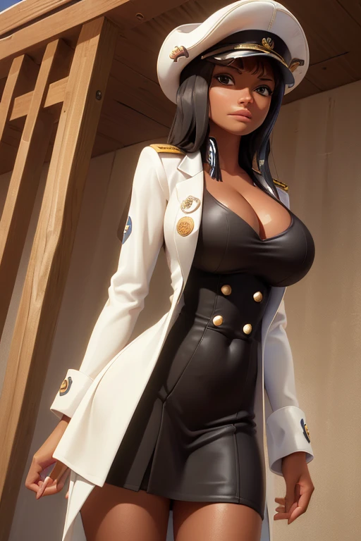 (masterpiece), best quality, expressive eyes, perfect face, front lighting, (outside at sea onboard a Marine Battleship background), (posing), (seductive look), (cleavage view), (1girl, Nico Robin, milf, latina, dark skin, short black hair with bangs, straight flat hairstyle, brown eyes, hourglass figure, thick body, curvy body, large breasts, huge breasts, oppai, large cleavage, wide hips, thick thighs), (white button suit jacket dress, long sleeve, exposed breasts, white skirt, shoulder pads with tassles, marine badges, marine ribbons and medals pinned on clothes, marine captain hat), 