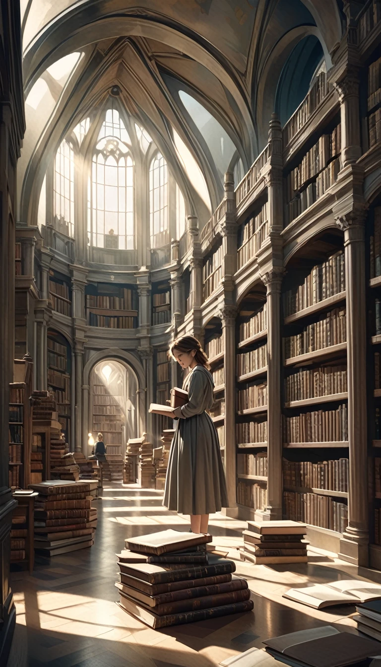 a large library with towering bookshelves, a grand domed ceiling, books and scrolls scattered on the floor, a slight sense of disarray, a beautiful woman carrying an armful of heavy books through the aisles, intricate architectural details, warm lighting, photorealistic, cinematic composition, dramatic chiaroscuro lighting, oil painting style, muted color palette, deep shadows, dramatic lighting, mystical atmosphere