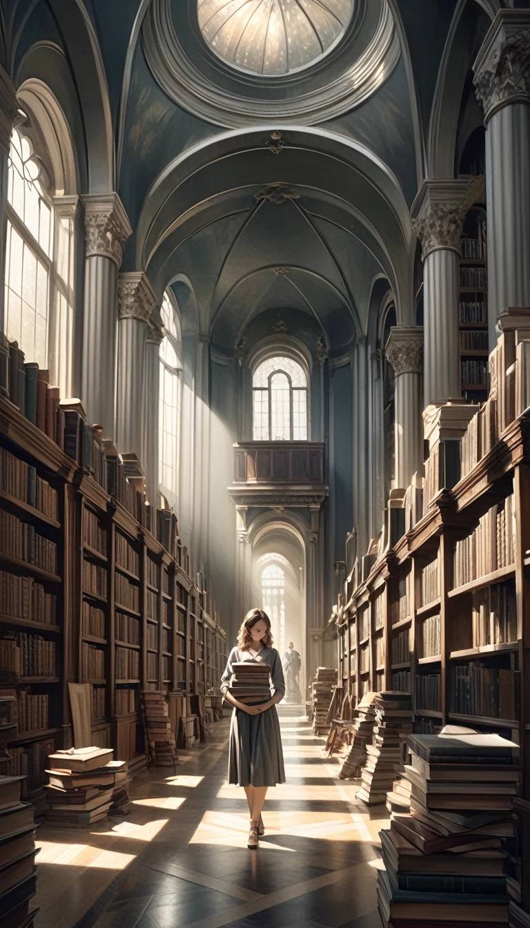 a large library with towering bookshelves, a grand domed ceiling, books and scrolls scattered on the floor, a slight sense of disarray, a beautiful woman carrying an armful of heavy books through the aisles, intricate architectural details, warm lighting, photorealistic, cinematic composition, dramatic chiaroscuro lighting, oil painting style, muted color palette, deep shadows, dramatic lighting, mystical atmosphere