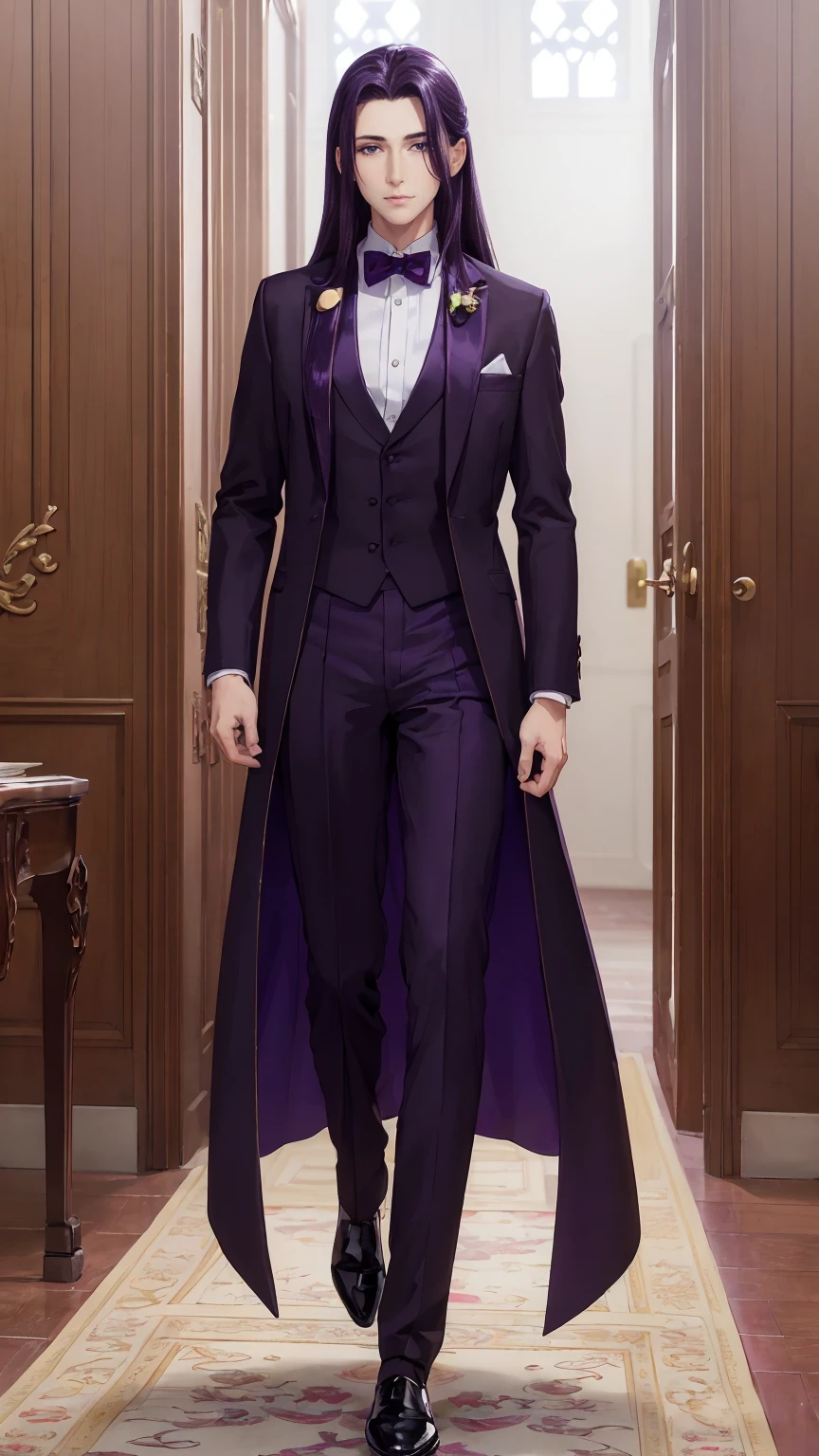 (masterpiece, Best quality, A high resolution, ultra detailed), (beautiful and aesthetically pleasing:1.2), detailed eyes and face, whole body, 1 man, adult, (dark purple long hair), (Dark purple eyes), Beautiful body, Perfect body, whole body, tuxedo, White shirt, trousers, shoes,  be best man at a wedding 