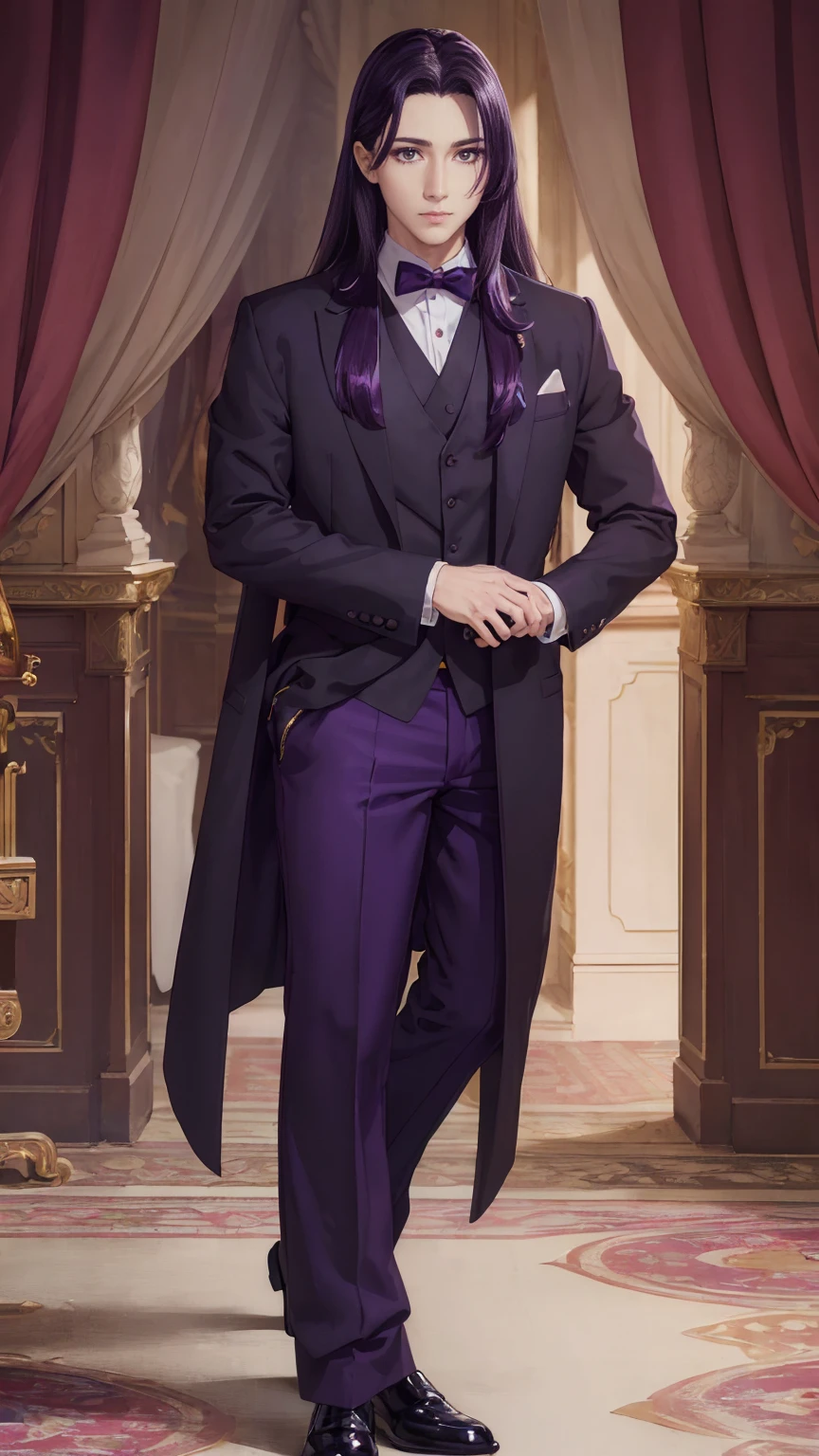 (masterpiece, Best quality, A high resolution, ultra detailed), (beautiful and aesthetically pleasing:1.2), detailed eyes and face, whole body, 1 man, adult, (dark purple long hair), (Dark purple eyes), Beautiful body, Perfect body, whole body, tuxedo, White shirt, trousers, shoes,  be best man at a wedding 